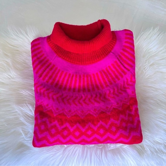 EUC Ann Taylor Fair Isle Wool Turtleneck Sweater Red Fuchsia Size Small Petite - Picture 7 of 12